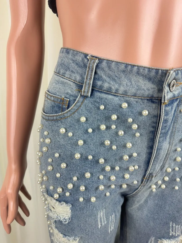 Nasty Gal High Waisted Ankle Jeans Faux Pearl Beads & Distressed Patches Size L - Image 8