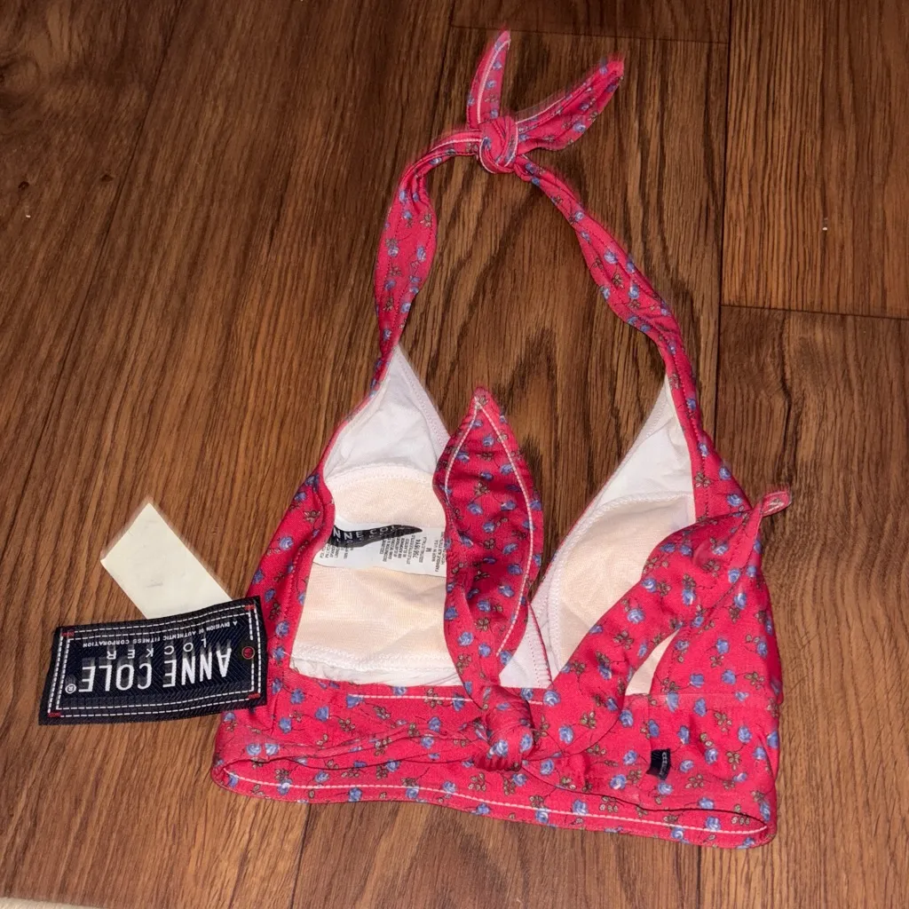 Anne Cole Red Floral Bikini Triangle Halter swim Top - Image 5
