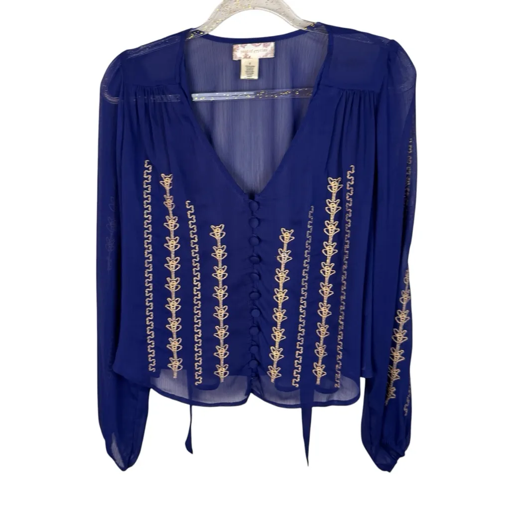 Band‎ of Gypsies top Sheer Blue With Gold Embroidery Tie Blouse Size Small Boho - Image 3