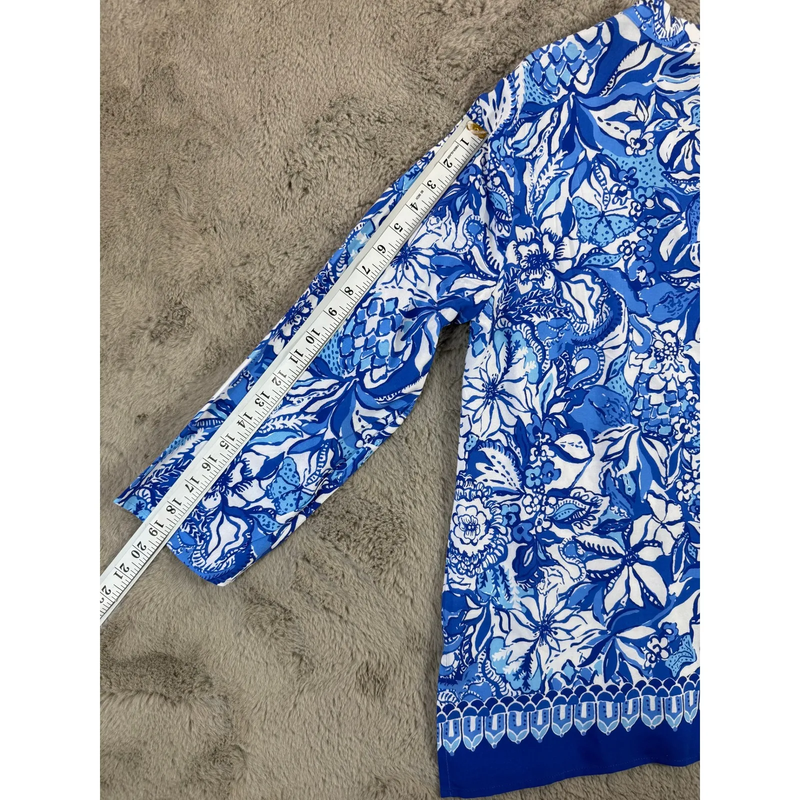 Lilly Pulitzer Women‎ M Luna Bay Blue Tang Flocking Floral 3/4 Sleeve Tunic Top - Image 8