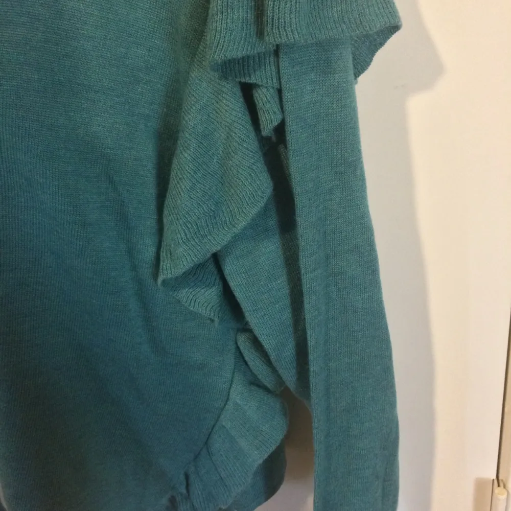 John + Jenn women's teal ruffle draped trim deep vneck nylon wool blend sweater - Image 5