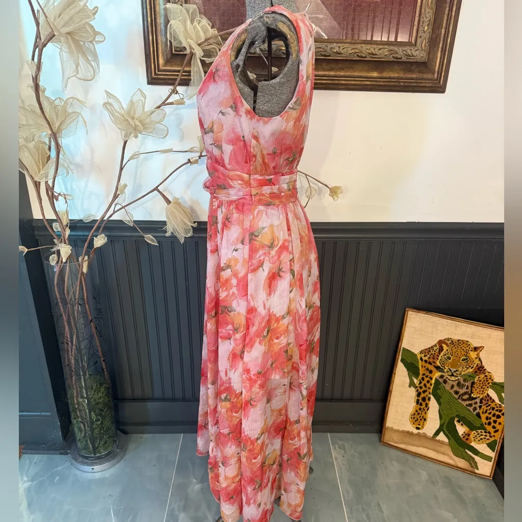 Alexa B Nites Summer Floral Shimmery Coral Lightweight Maxi Dress ~ Size 6P 💚🍄 Orange - Image 3