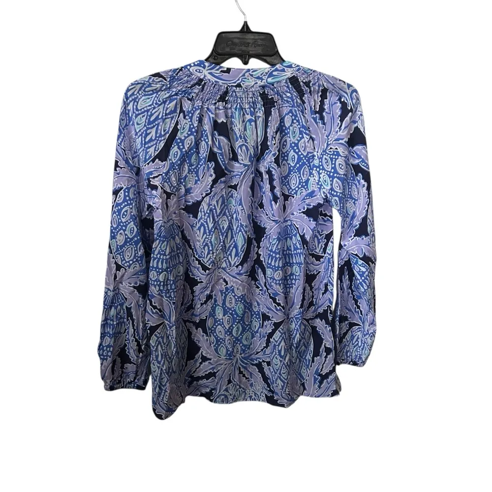 Lilly Pulitzer Blue Print Silk Elsa Long Sleeve Blouse Coco Safari Preppy XXS. - Image 4