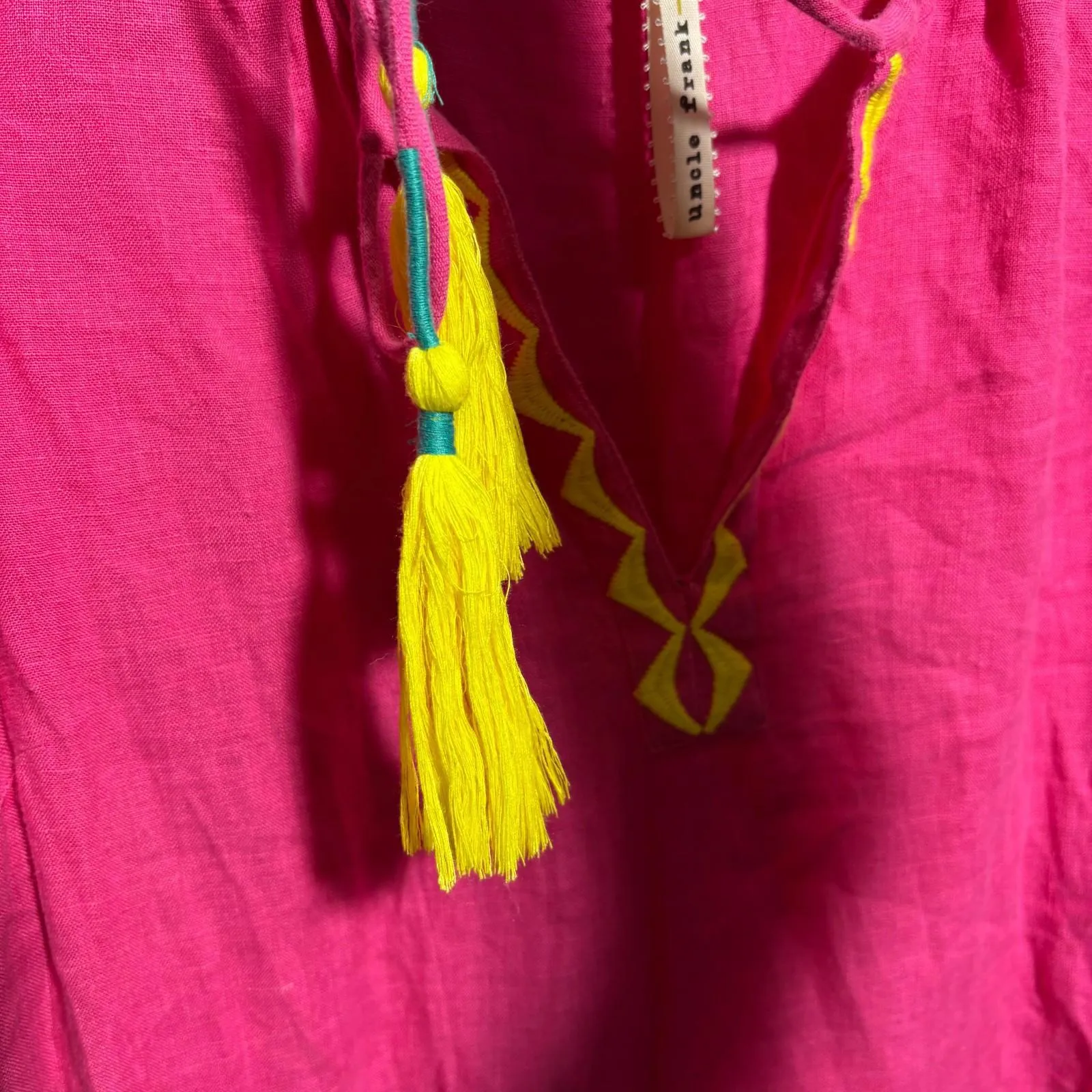 Anthropologie Uncle Frank Hot Pink 100% Linen Dopamine Dress Boho Puff Sleeves M - Image 4