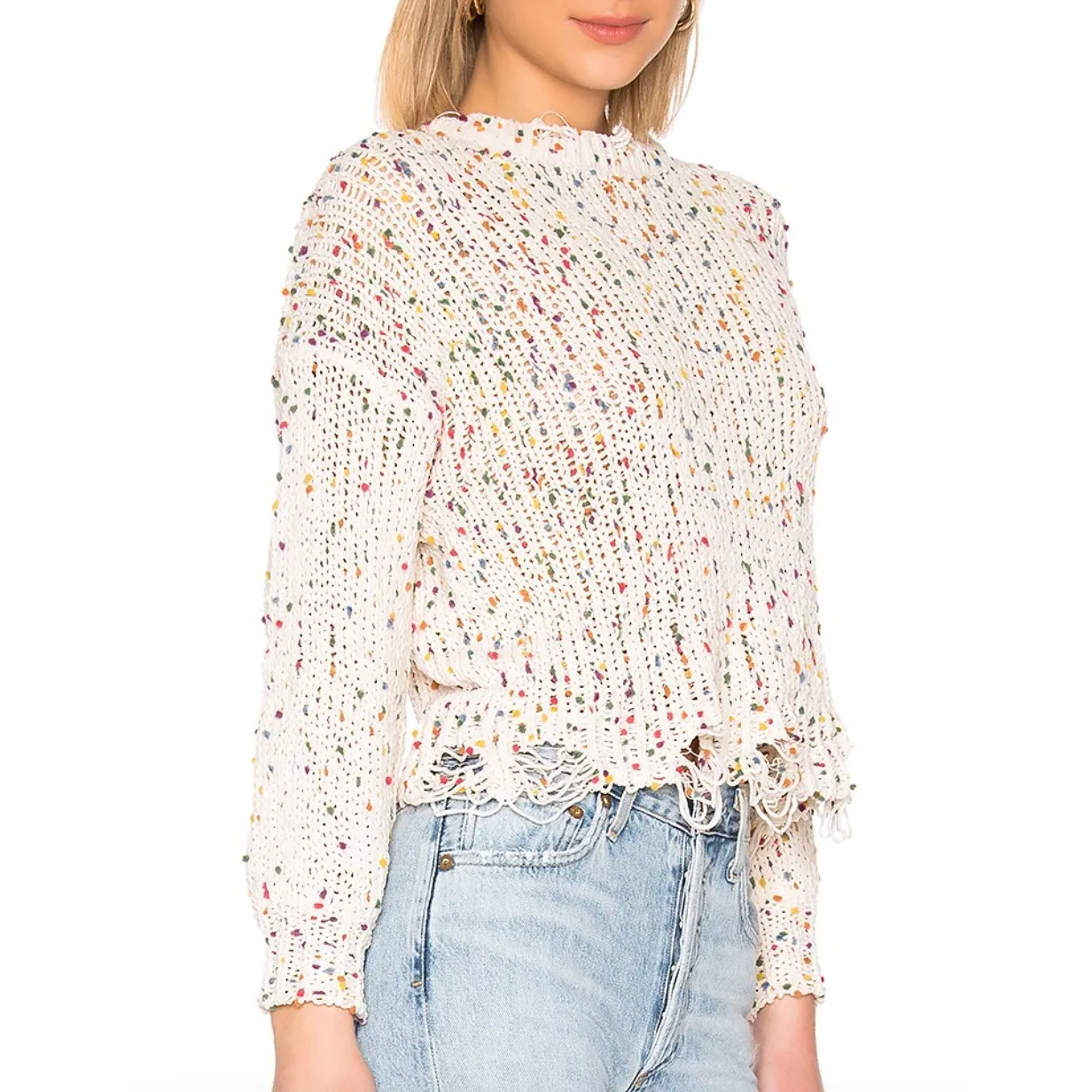 Tularosa Sweater Womens X Small Cream Confetti Distressed‎ Chenille Knit Pom Pom - Image 4