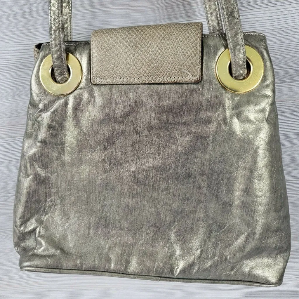 Bags by Pinky Vintage Metallic Silver Leather Shoulder Gold Studs Grommets USA - Image 5