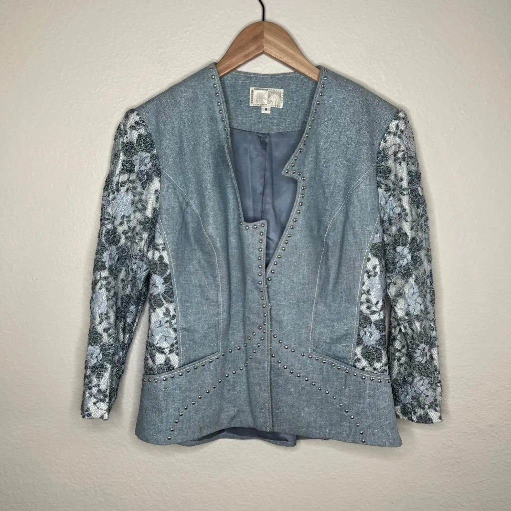 Alberto Makali Blue Studded Linen-Blend Country Western Blazer Lace Sleeves 8 - Image 2