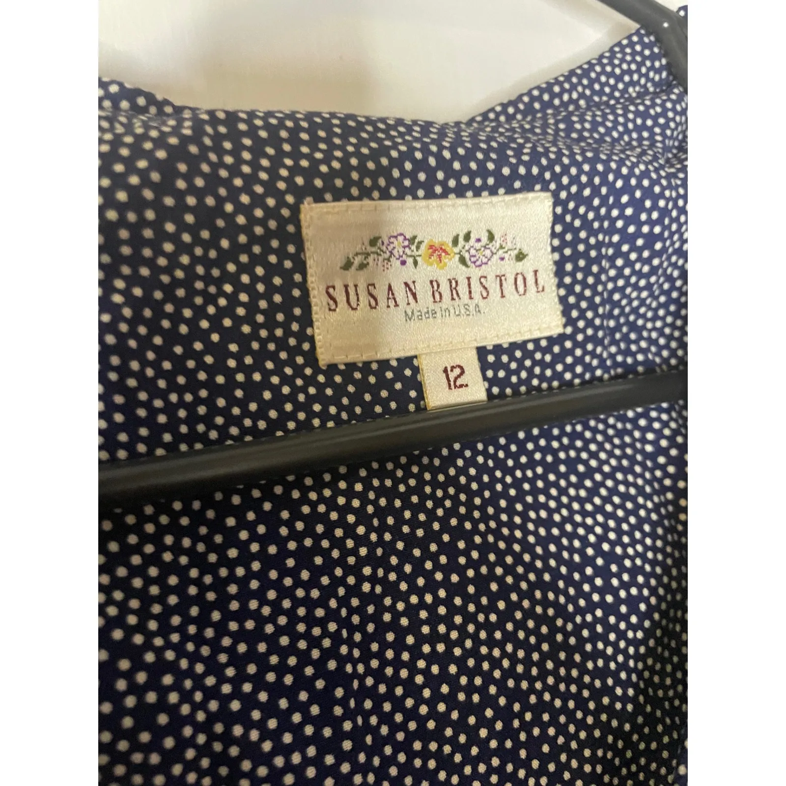 Susan Bristol Vintage 90s Midi Dress Blue White Polka Dot Button Down Size 12 - Image 3