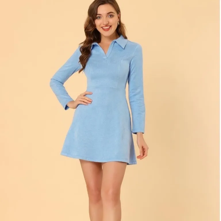 NWT Allegra K Light Blue Faux Suede Western A-Line Long Sleeve Mini Dress Large - Image 2