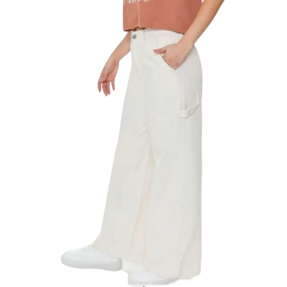 Forever 21 Cream Frayed Hem Wide Leg Carpenter Jeans Size XS - Image 2