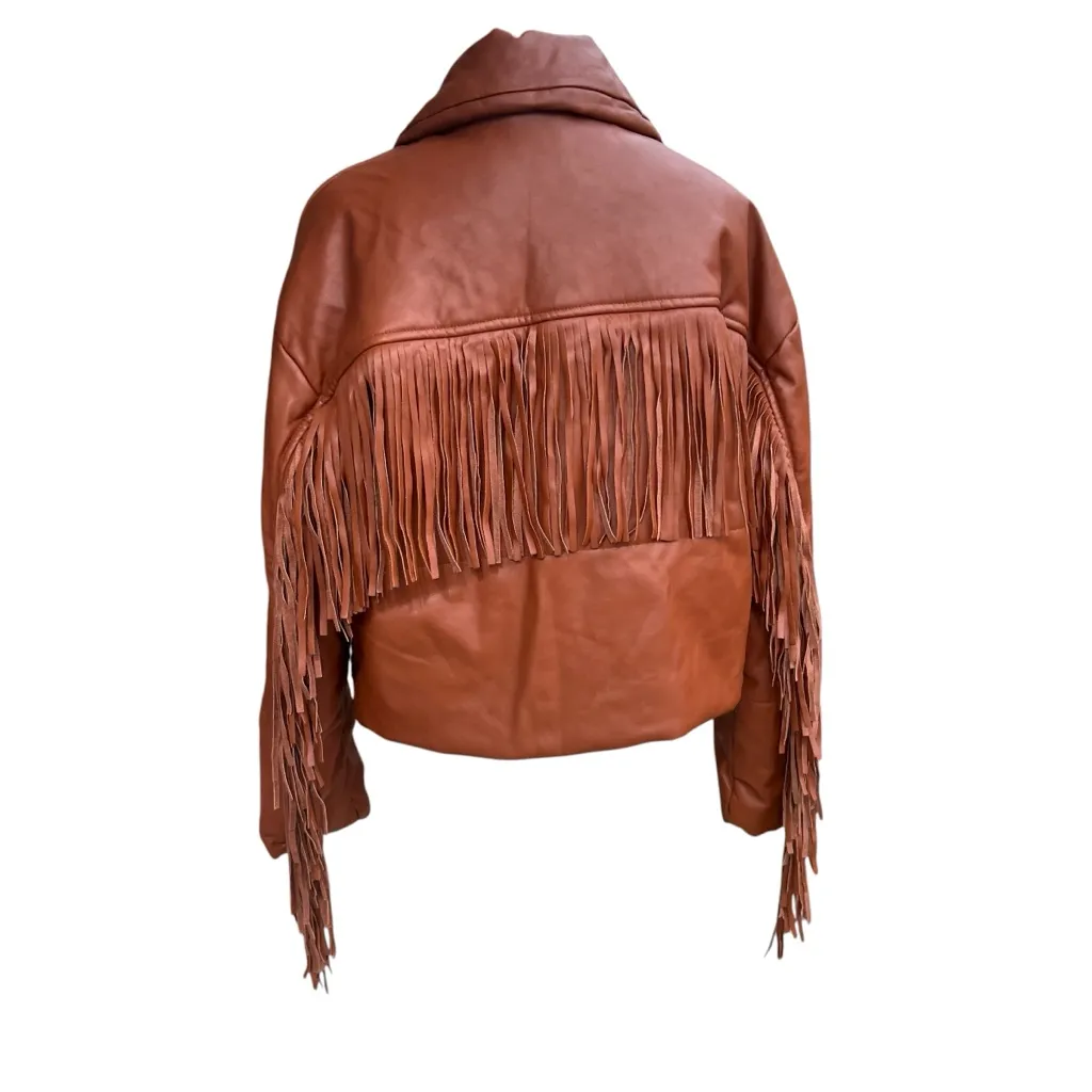 NUULY x BLANKNYC Vegan Leather Fringe Puffer Sz S Brown - Image 8