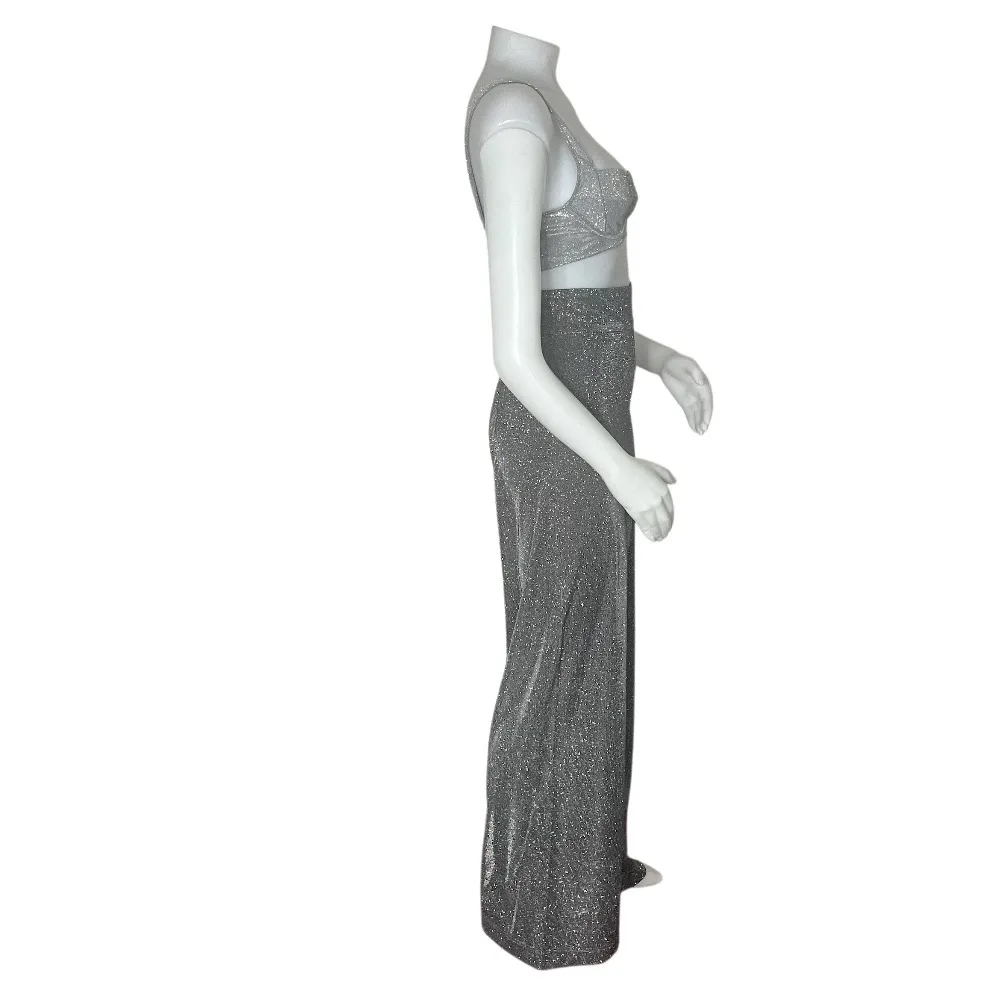 HOUSE OF CB Margarita Pants Sparkly Wide Leg Grey Silver Womens Size Small - Image 6