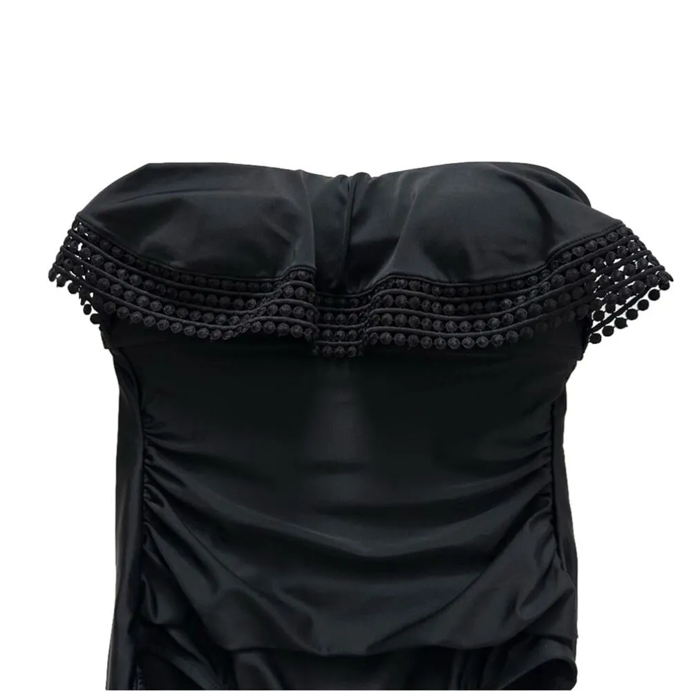 Kona Sol Swimsuit One Piece Black Crochet Flounce Strapless Small NEW - Image 4