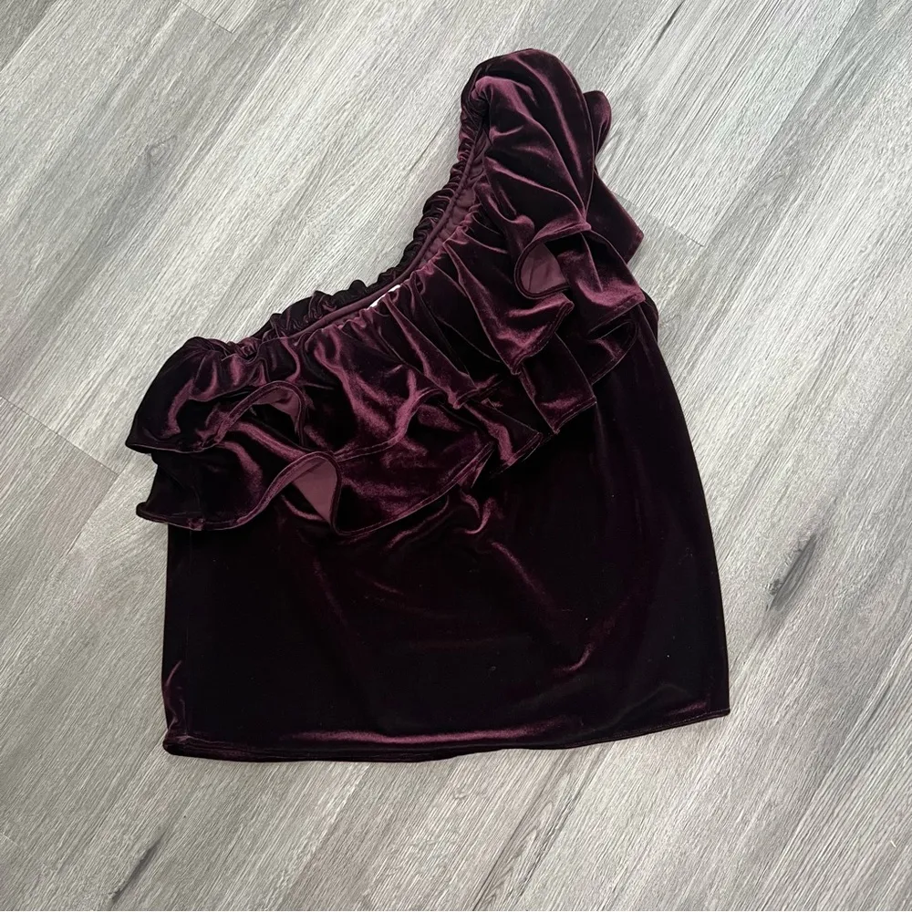 Misa Agus Purple Velvet One Shoulder Ruffle Top XS - Image 2