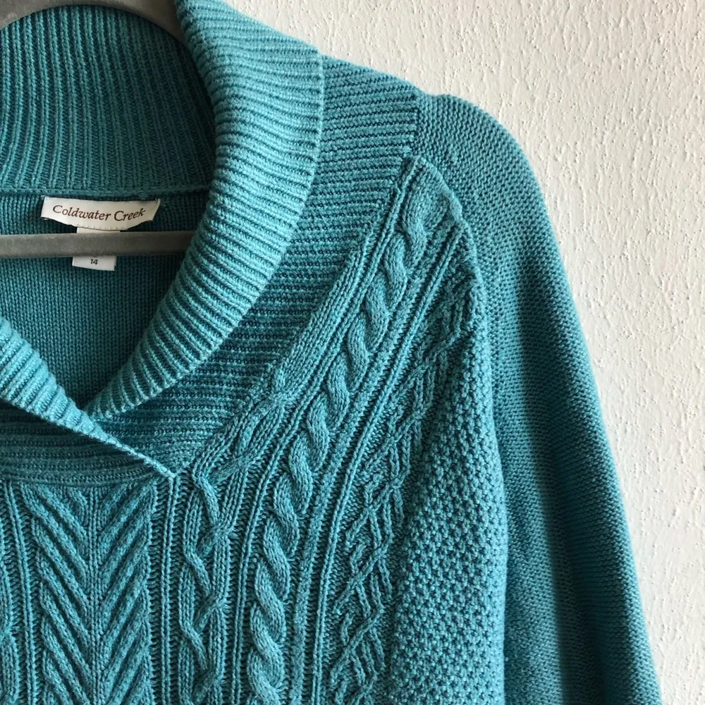 Coldwater Creek Sweater Teal Blue Shawl Collar Cableknit Sz L (14) GUC - Image 4