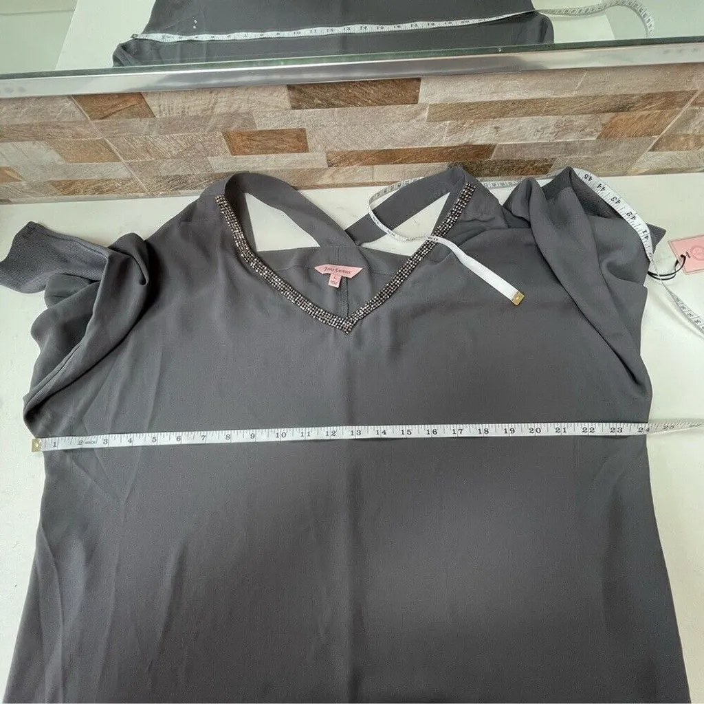 Juicy Couture Gray Shoulders Cut outs V-Neck Top with rhinestones Sz L - Image 16