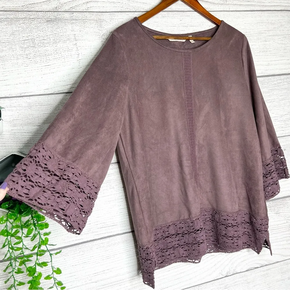 Soft Surroundings Purple Faux Suede Crochet Trim Susina Blouse Top Size Medium - Image 5