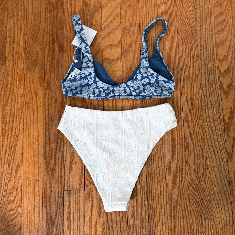 Andie Bikini Set Delray Top 90s High Waisted Bottom Bikini blue cream sz XS NWT - Image 11
