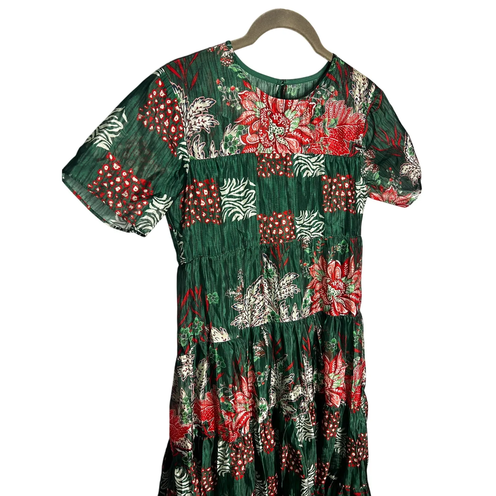 NEW Anthropologie Bhanuni‎ Jyoti Tiered Short-Sleeve Dress Size XXS Green Maxi - Image 7