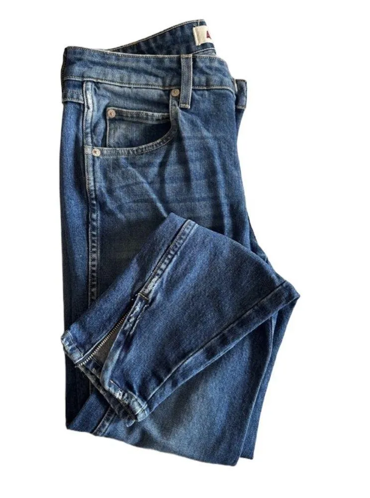 AMO TWIST ZIP SAPPHIRE DARK WASH BLUE DENIM DISTRESSED SKINNY JEAN PANTS 28 - Image 5