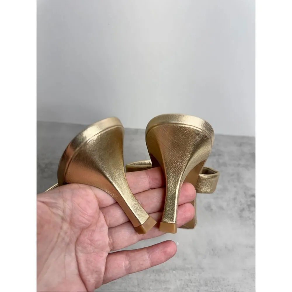 Vince Camuto Size 7.5 Gold Leather Square Toe Two Strap Slide Sandal - Image 7