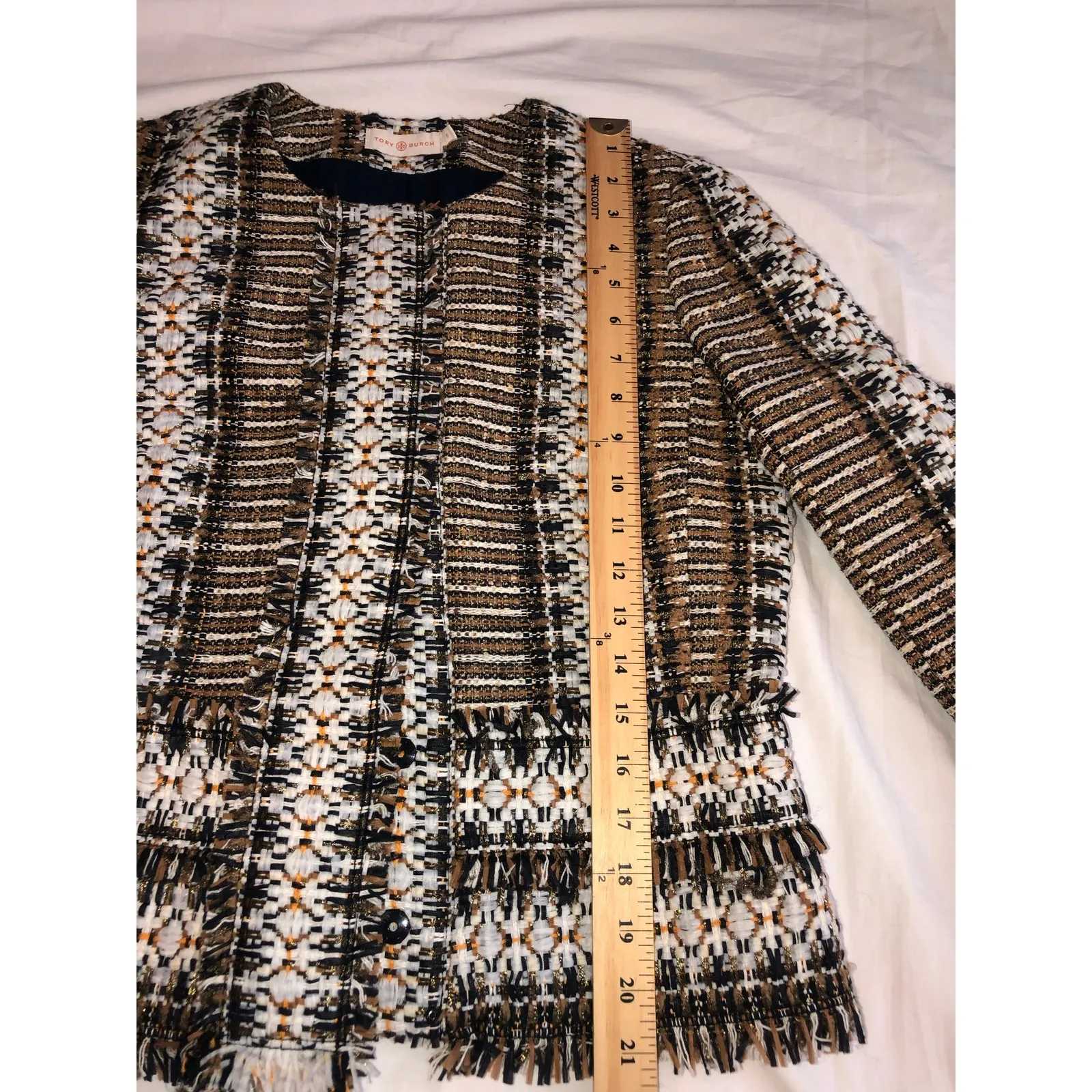 Tory Burch Jessica Tweed Jacket Size 6 Blazer Hidden Snaps Fringe Brown Black - Image 5