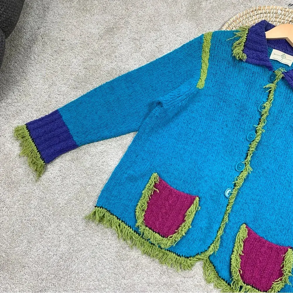 Design Options Philip & Jane Gordon Cardigan Knit Sweater Fringe Artsy Retro 1X Blue - Image 4