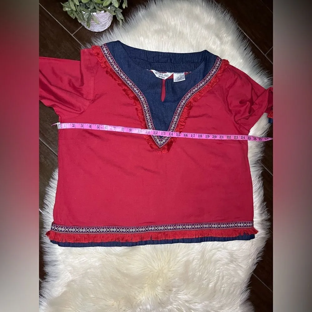 Victoria Jones Women Red/denim fringe linen blouse sz 2X Red - Image 5