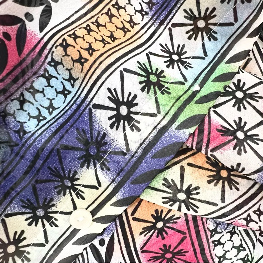 Retro Vintage 90’s Colorful Pattern Semi Sheer Button Up Shirt Size Medium - Image 8