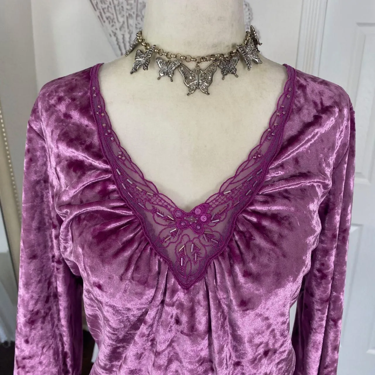 Faded Glory Whimsygoth Pink Lilac Purple Velvet Beaded Fairy Long Sleeve Top L - Image 2