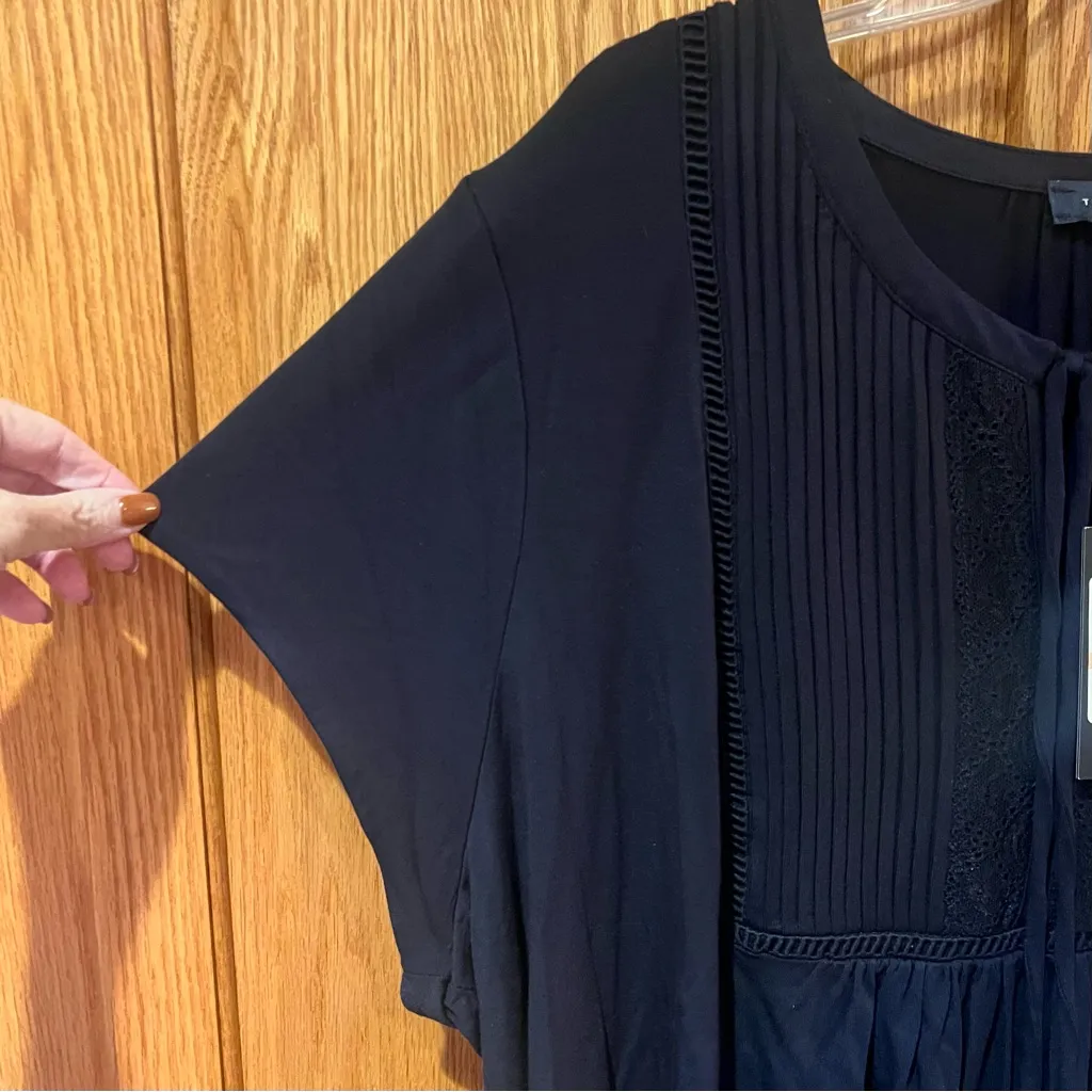 Tommy Hilifiger Pintuck Lace Lattice‎ Trim Short Sleeve Top Navy Blue Size 2X - Image 6