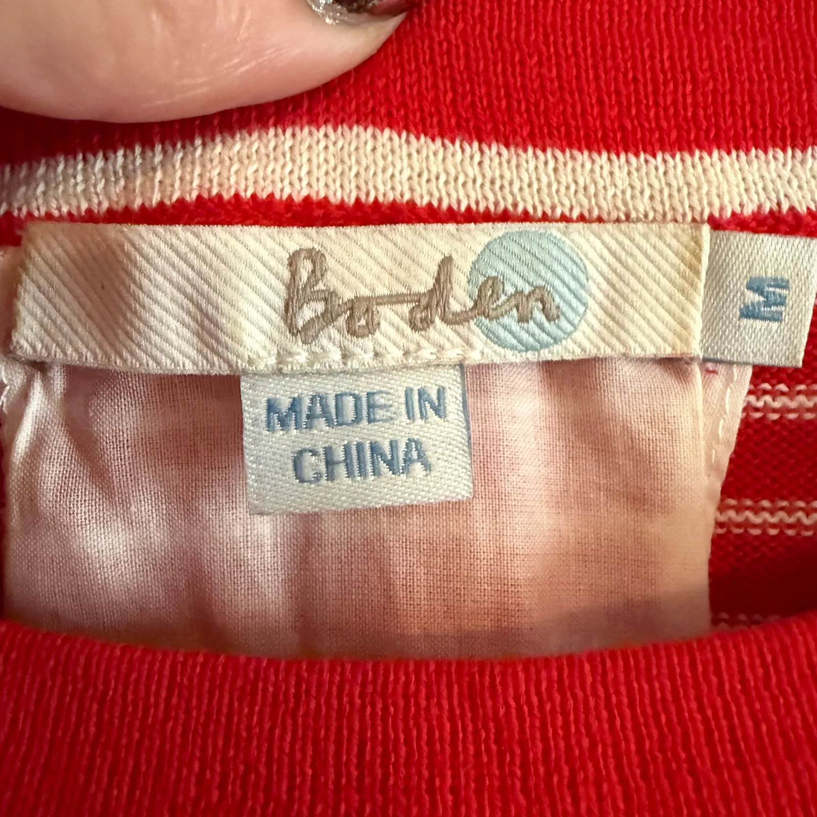 BODEN | Red Cotton Striped Crew Neck Sweater with White Lace Inset | Medium - Image 5