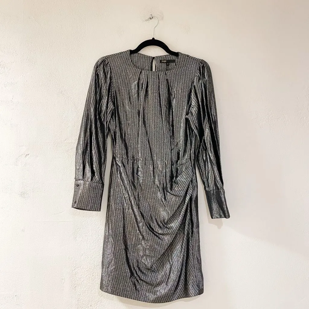 Maje Ralery Longsleeve Mini Dress in Black Metallic Size 36 - Image 2