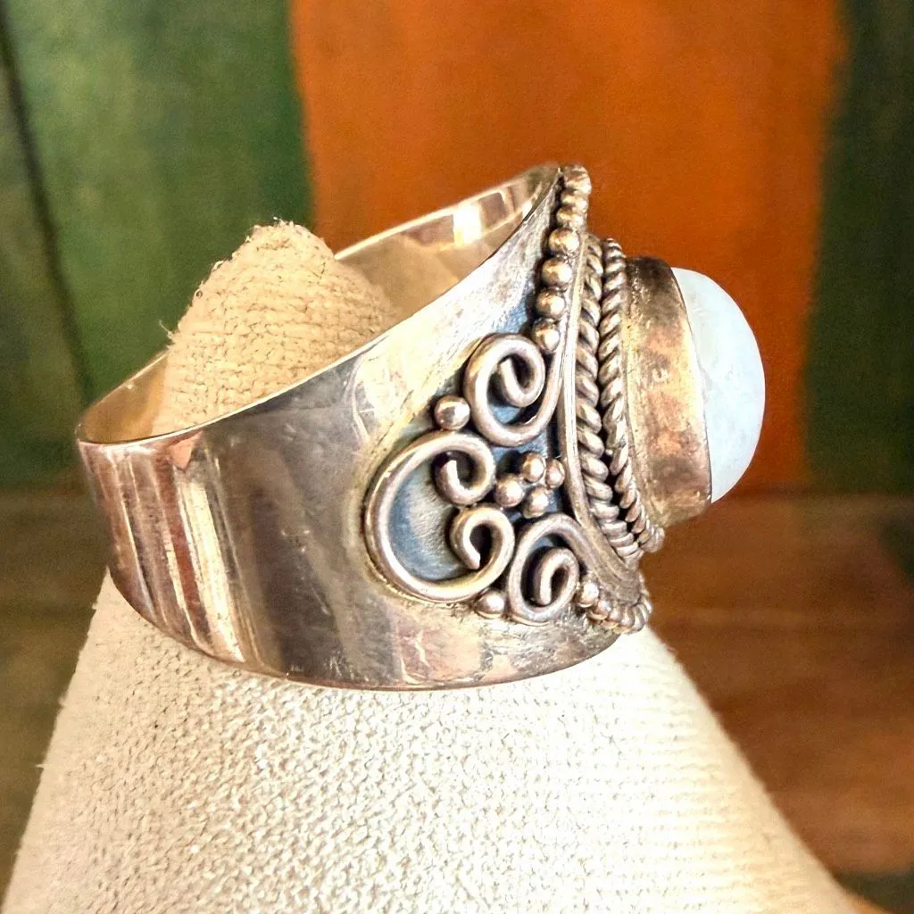 Sterling Silver Moonstone Wide Band Ring – Artisan Scroll Design - Image 9