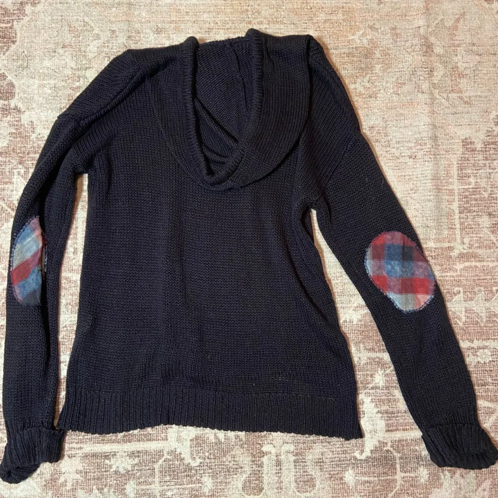 ••Blue Knit Sweater With Plaid Elbow Pads & Hoodie Size M - Image 2