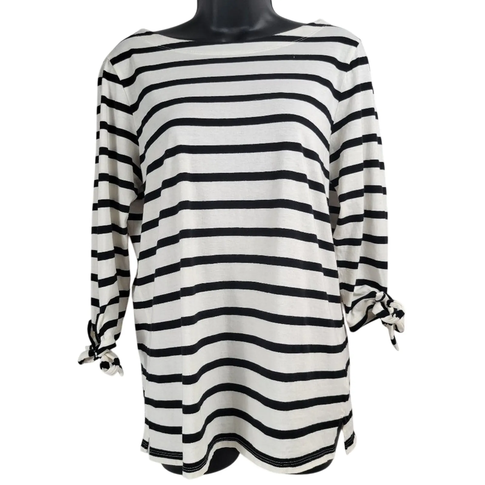Old Navy Women's Black White‎ Striped Boat Neck Tie Sleeve Shirt Size M Cotton - Image 2