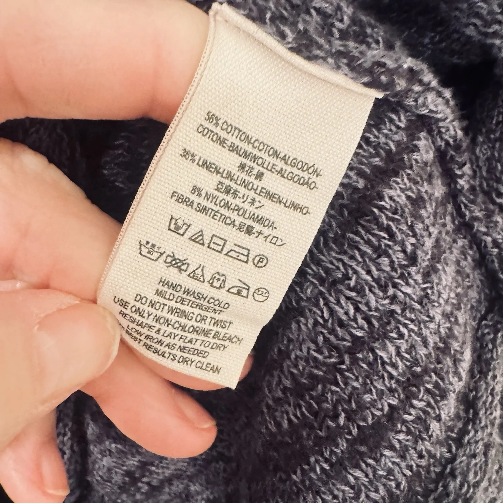 Free People Gotham sweater navy blue linen blend Faux wrap oversized chunky sz L - Image 5