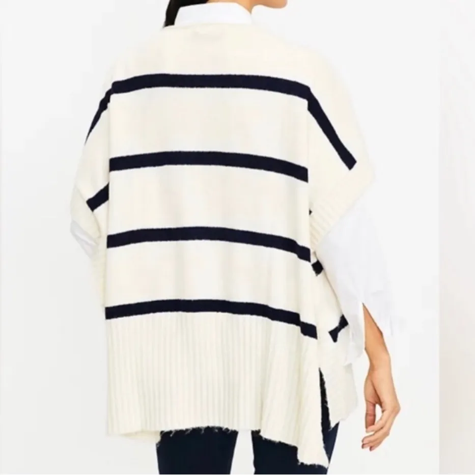 Loft Cream Navy Stripe Poncho Sweater M/L – Cozy Knit Button-Side Top - Image 8