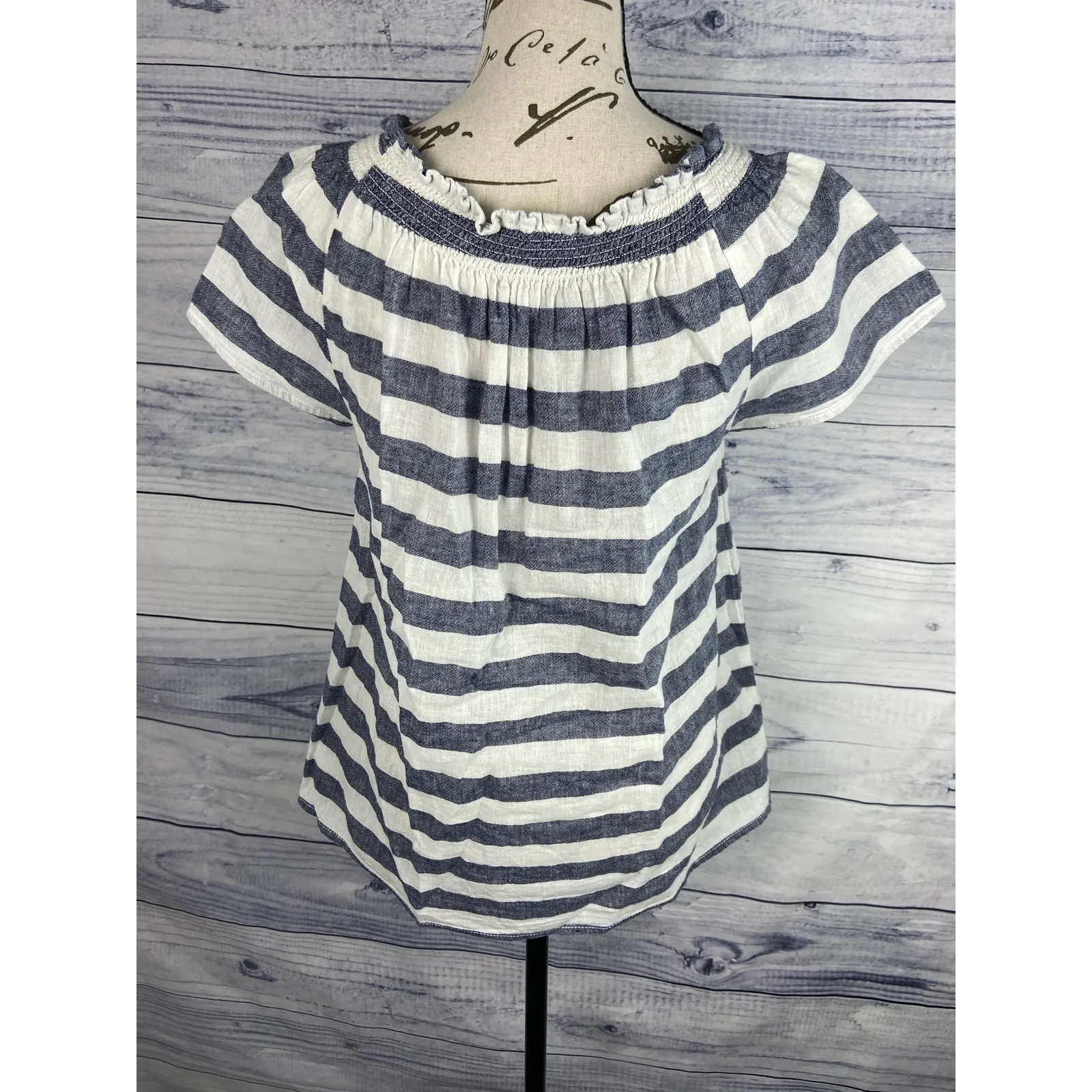 BeachLunchLounge Linen Tee Shirt Womens S Off On Shoulder Smocked Pleat Striped - Image 9