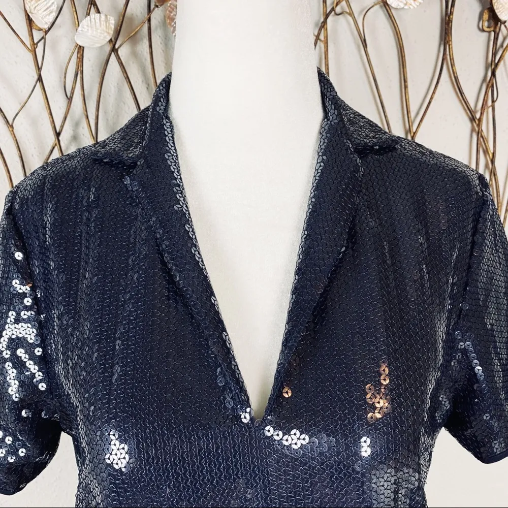 Halston Heritage Dark Blue Sequin Short Sleeve Mini Dress - Image 2