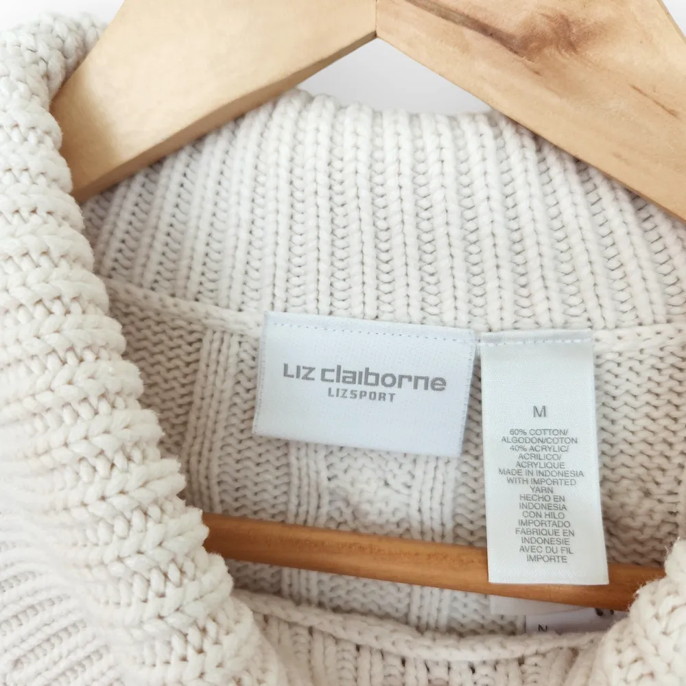 Liz Claiborne White Asymmetrical Mock Neck Cable Knit Sweater M - Image 3