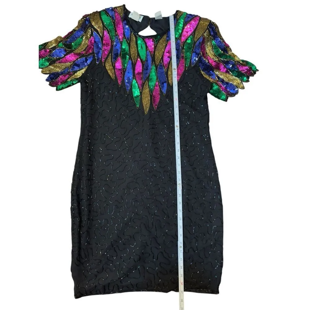 Vintage Stenay Mardi Gras 100% Silk Rainbow Sequins Shoulder Pads Party Dress Sz Black Size 12 - Image 11