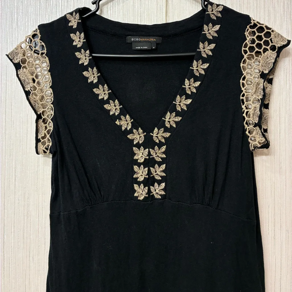 BCBGMAXAZRIA Y2K Fairy Grunge Embroidered Cap Sleeve Top | Empire Waist Black M - Image 2