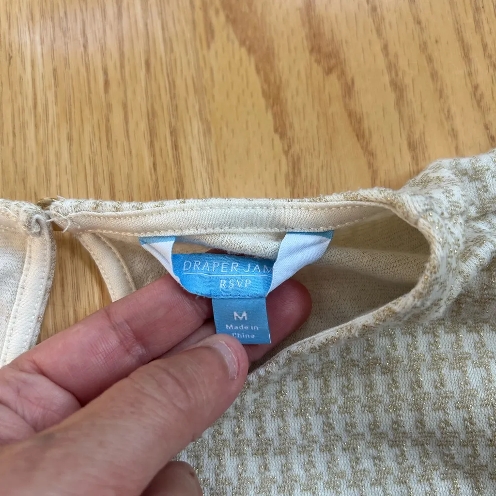 Draper James RSVP Tiered Skater Dress Size Medium Houndstooth Puff Sleeve Gold - Image 9