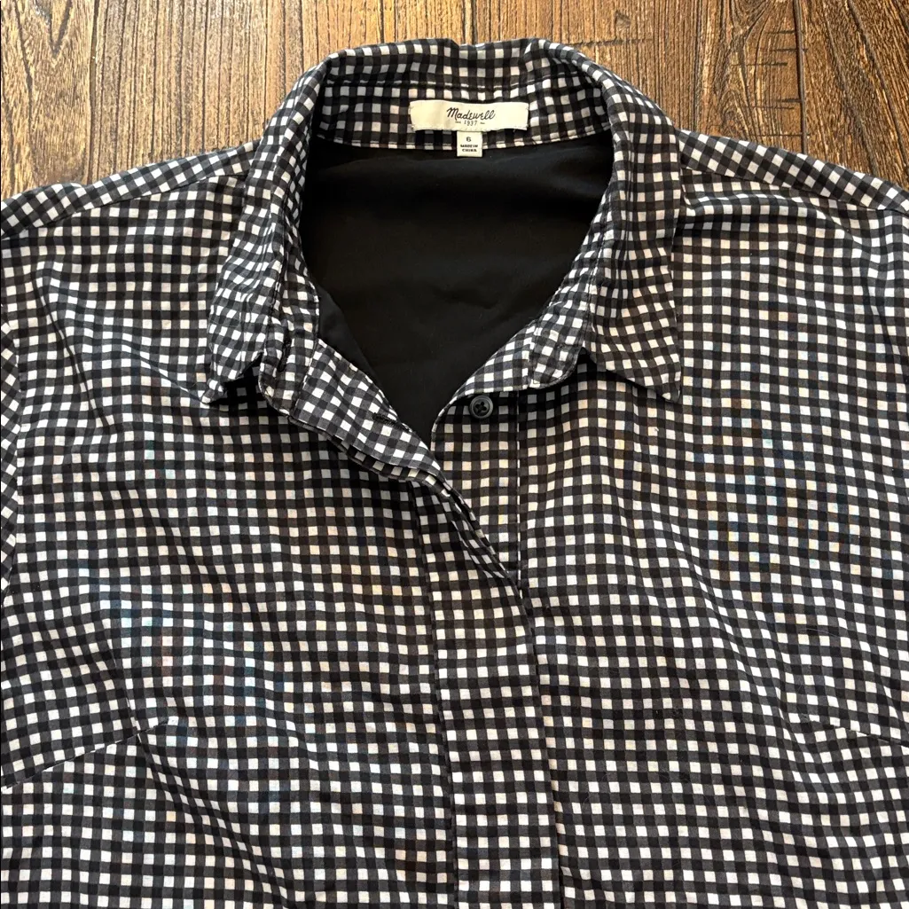 Madewell Black White Gingham Drop Waist Collared Button Front Dress 6 - Image 3