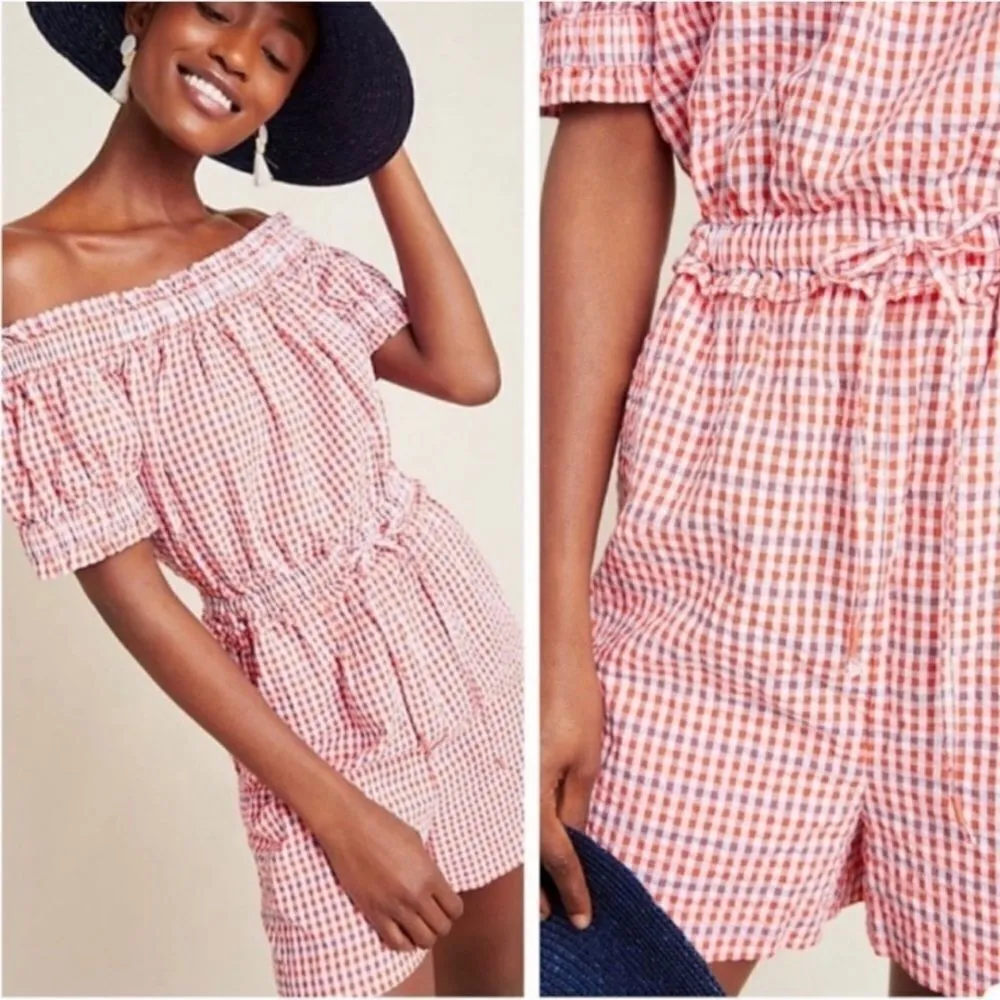 Anthropologie Gingham Off the Shoulder Seersucker Romper Size Medium - Image 2
