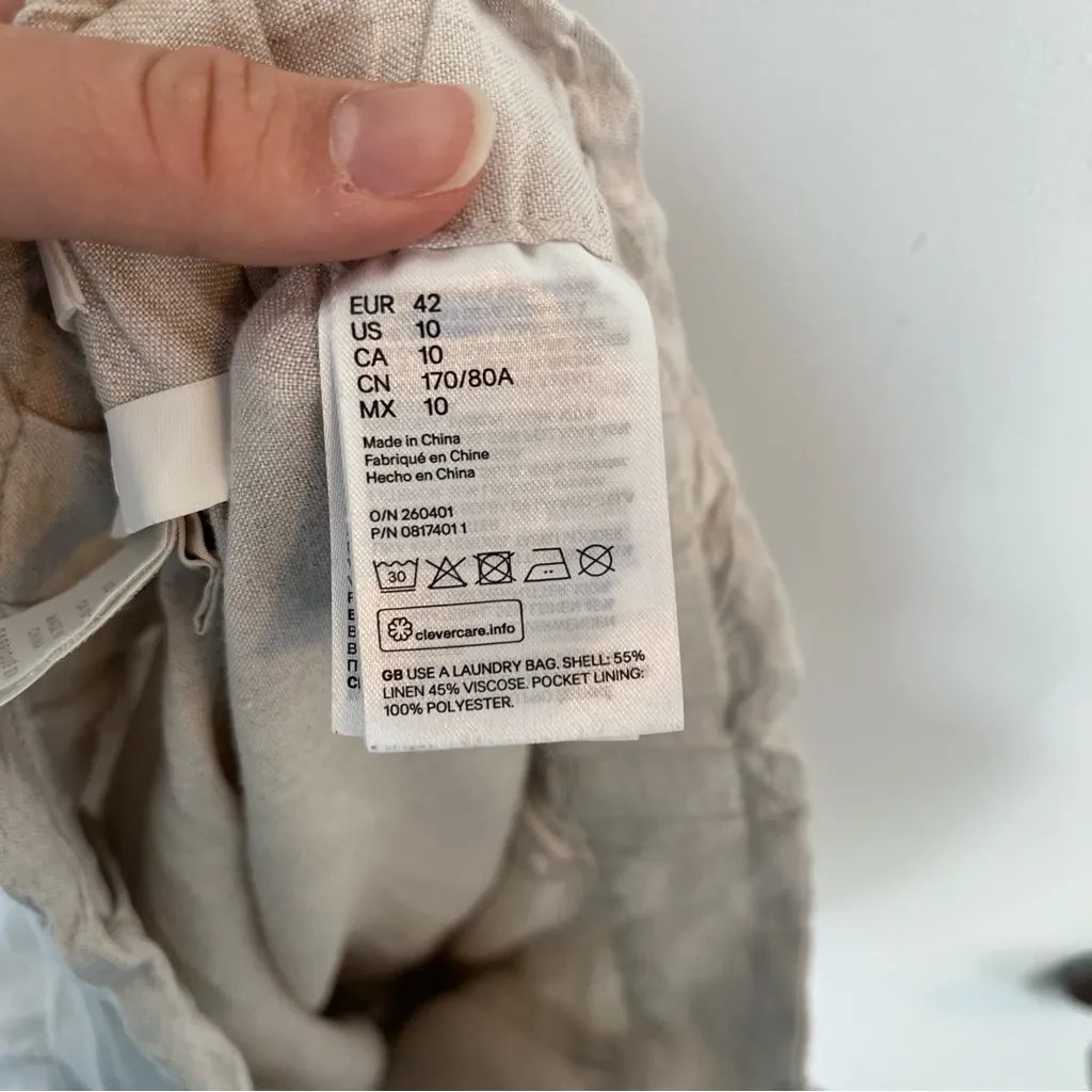 H&M Linen Blend Shorts Women's Cream high waist belt paper bag size 10 bow - Image 9