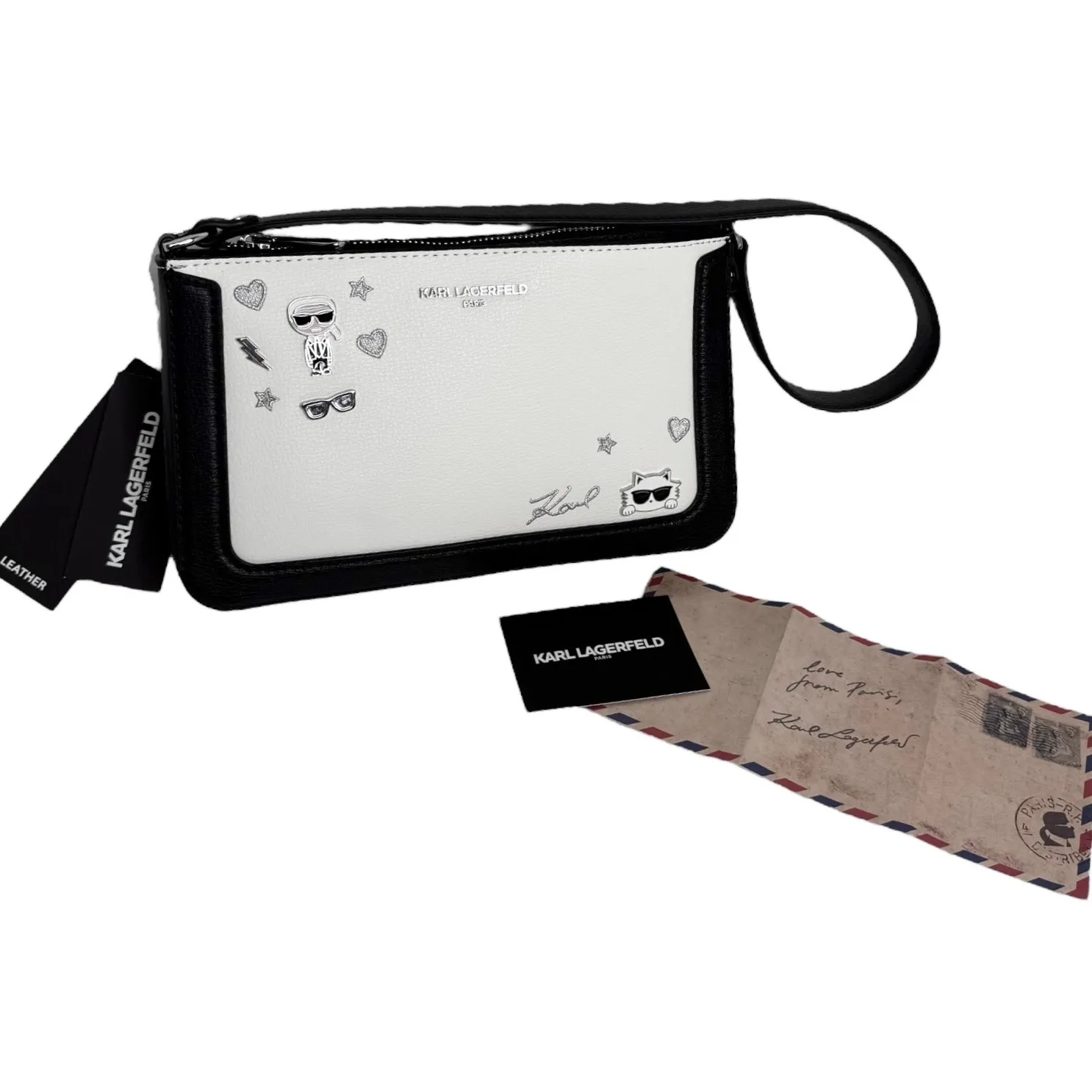 Karl Lagerfeld LEATHER SHOULDER BAG Black & White Handbag Mini Purse 10"x6" NWT! - Image 4