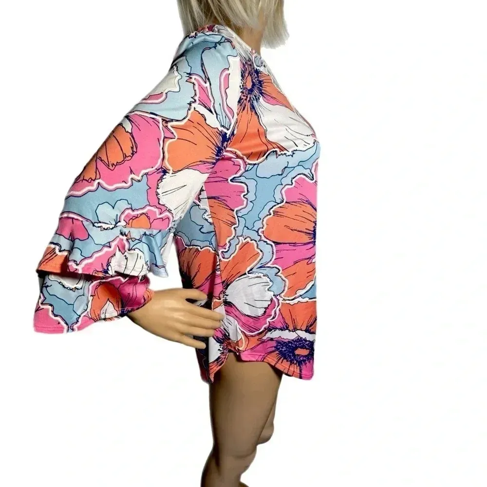 RUBY RD Pink Tropical Floral Blouse 3/4 Flutter Sleeve Size Small Top New - Image 6