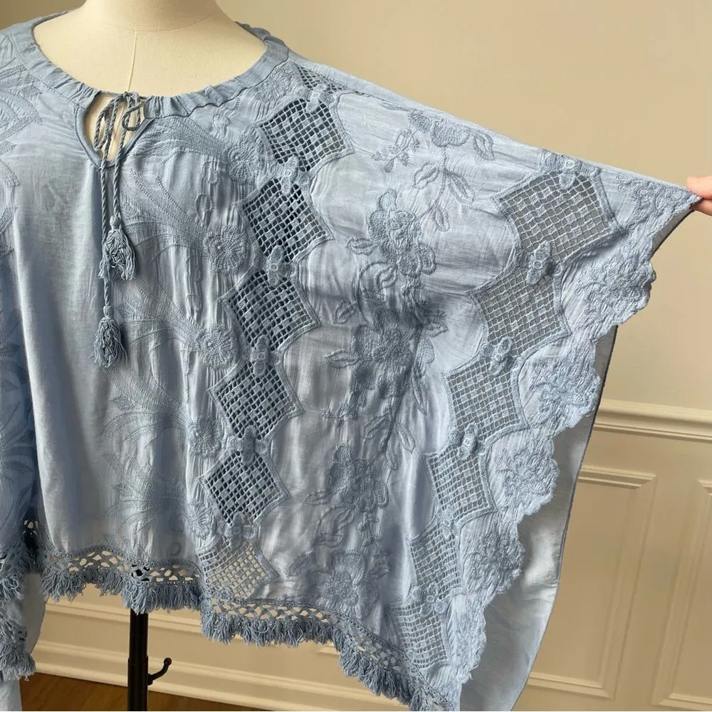 Aquavita Resort Square Flowing Handkerchief Hem Embroidered Beach Top OSFM Blue Size undefined - Image 3